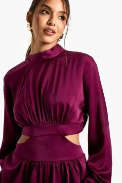 Smock Dresses|Long Sleeve Dresses*boohoo Satin High Neck Midaxi Dress plum
