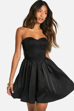Smock Dresses*boohoo Satin Lace Babydoll Mini Dress black