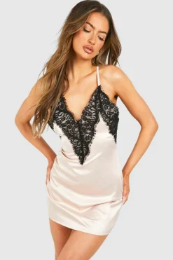 Cami Dresses*boohoo Satin Lace Cami Mini Dress champagne