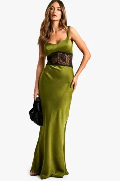 Cami Dresses*boohoo Satin Lace Column Maxi Dress green