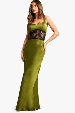 Cami Dresses*boohoo Satin Lace Column Maxi Dress green