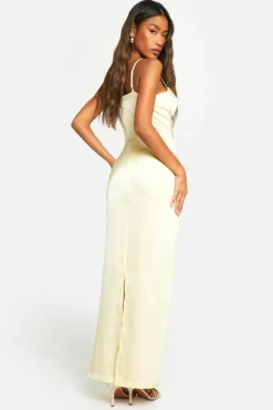 Cami Dresses*boohoo Satin Lace Cup Maxi Dress lemon