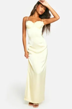 Cami Dresses*boohoo Satin Lace Cup Maxi Dress lemon