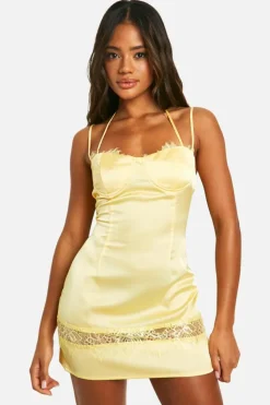 Cami Dresses*boohoo Satin Lace Cup Mini Dress lemon