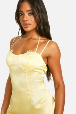 Cami Dresses*boohoo Satin Lace Cup Mini Dress lemon