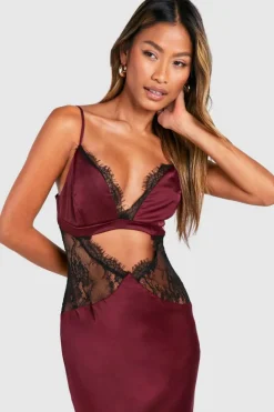 Cami Dresses*boohoo Satin Lace Detail Maxi Slip Dress cherry