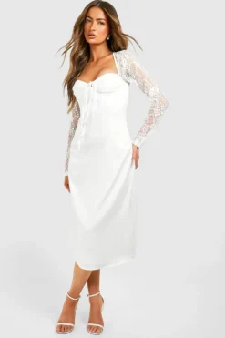 Midi Dresses*boohoo Satin Lace Sleeve Midi Dress ivory