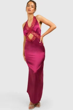 Cami Dresses*boohoo Satin Lace Trim Cut Out Maxi Slip Dress pink
