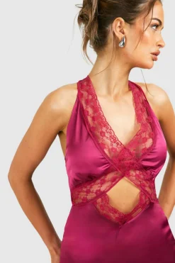 Cami Dresses*boohoo Satin Lace Trim Cut Out Maxi Slip Dress pink