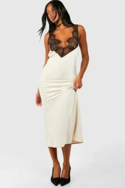 Cami Dresses|Midi Dresses*boohoo Satin Lace Trim Midi Slip Dress champagne