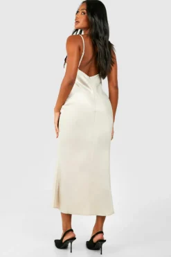 Cami Dresses|Midi Dresses*boohoo Satin Lace Trim Midi Slip Dress champagne