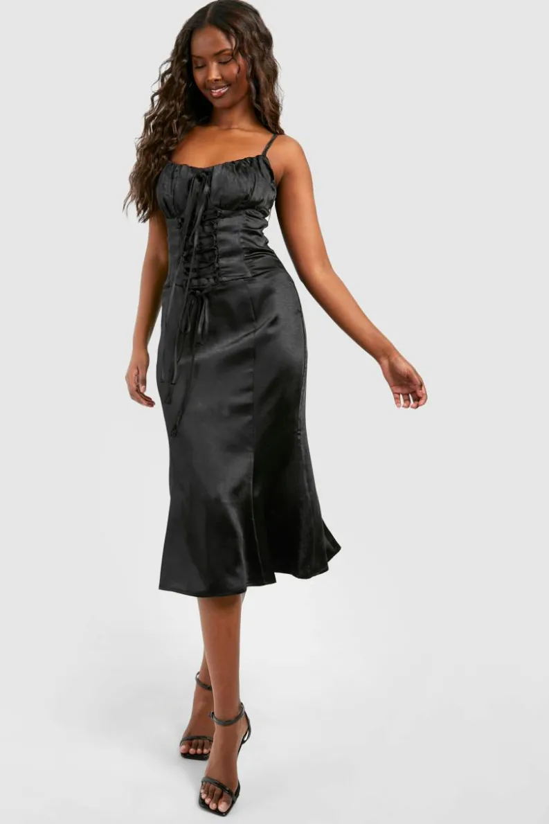 Midi Dresses*boohoo Satin Lace Up Corset Midi Dress black