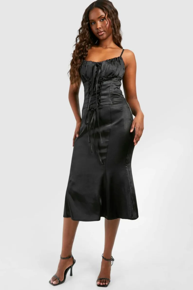Midi Dresses*boohoo Satin Lace Up Corset Midi Dress black