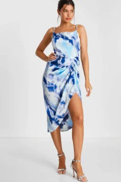 Midi Dresses*Quiz Satin Marble Print Ruched Midi Dress Blue