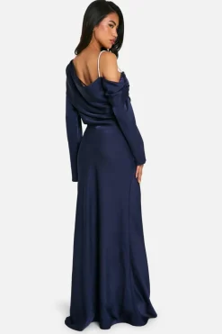 Maxi Dresses*boohoo Satin Maxi Asymmetric Dress navy
