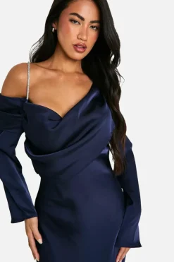 Maxi Dresses*boohoo Satin Maxi Asymmetric Dress navy