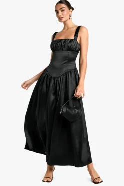 Skater Dresses*boohoo Satin Milkmaid Midaxi Dress black