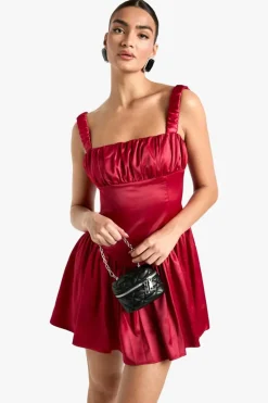 Skater Dresses*boohoo Satin Milkmaid Mini Dress red