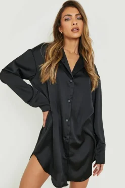 Shirt Dresses*boohoo Satin Oversized Shirt Dress black