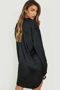 Shirt Dresses*boohoo Satin Oversized Shirt Dress black