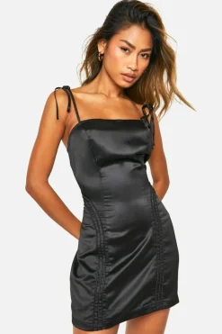 Bodycon Dresses*boohoo Satin Piped Tie Strap Mini Dress black