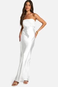Maxi Dresses*boohoo Satin Pleated Bandeau Maxi Dress white