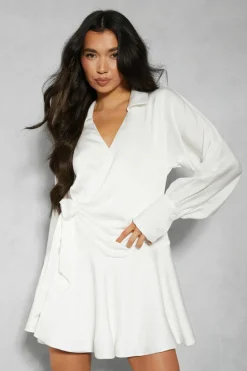 Wrap Dresses*MissPap Satin Plunge Layered Frill Skirt Tie Side Wrap Mini Dress ivory