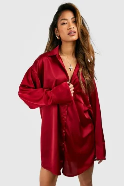 Shirt Dresses*boohoo Satin Pocket Detail Fluid Fit Shirt Dress merlot