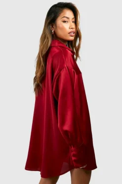 Shirt Dresses*boohoo Satin Pocket Detail Fluid Fit Shirt Dress merlot