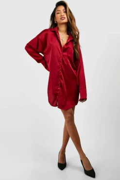 Shirt Dresses*boohoo Satin Pocket Detail Fluid Fit Shirt Dress merlot