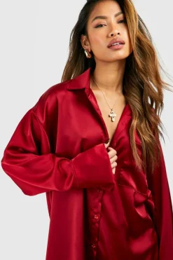 Shirt Dresses*boohoo Satin Pocket Detail Fluid Fit Shirt Dress merlot