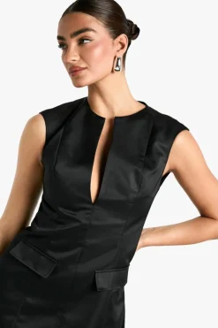 Skater Dresses|Mini Dresses*boohoo Satin Pocket Front Mini Dress black