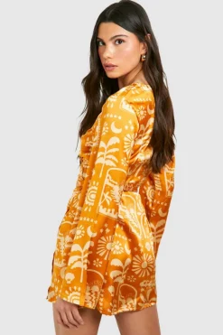 Shirt Dresses|Wrap Dresses*boohoo Satin Printed Wrap Tie Shirt Dress burnt orange