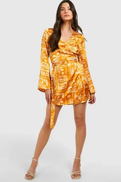 Shirt Dresses|Wrap Dresses*boohoo Satin Printed Wrap Tie Shirt Dress burnt orange