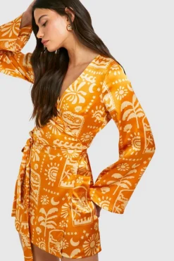 Shirt Dresses|Wrap Dresses*boohoo Satin Printed Wrap Tie Shirt Dress burnt orange