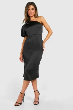 Midi Dresses*boohoo Satin Puff Sleeve Asymmetric Midi Dress black