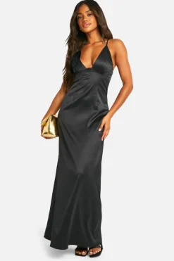 Cami Dresses*boohoo Satin Ruched Cup Maxi Dress black
