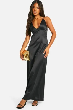 Cami Dresses*boohoo Satin Ruched Cup Maxi Dress black