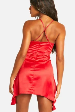 Cami Dresses*boohoo Satin Ruched Cup Mini Dress red
