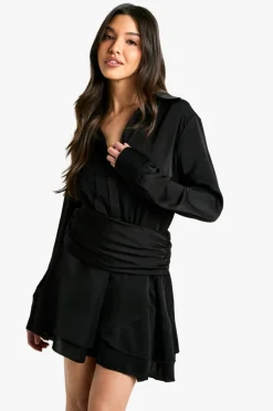 Shirt Dresses*boohoo Satin Ruched Shirt Dress black