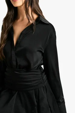 Shirt Dresses*boohoo Satin Ruched Shirt Dress black