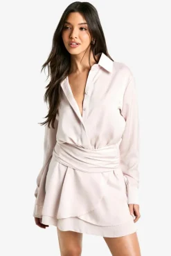 Shirt Dresses|Mini Dresses*boohoo Satin Ruched Shirt Dress oyster