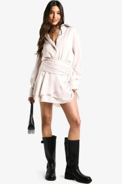 Shirt Dresses|Mini Dresses*boohoo Satin Ruched Shirt Dress oyster