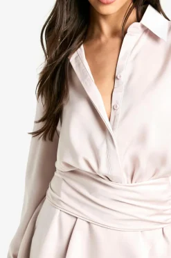 Shirt Dresses|Mini Dresses*boohoo Satin Ruched Shirt Dress oyster