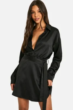 Shirt Dresses*boohoo Satin Shirt Dress black