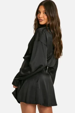 Shirt Dresses*boohoo Satin Shirt Dress black