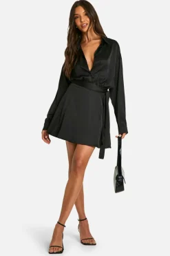 Shirt Dresses*boohoo Satin Shirt Dress black