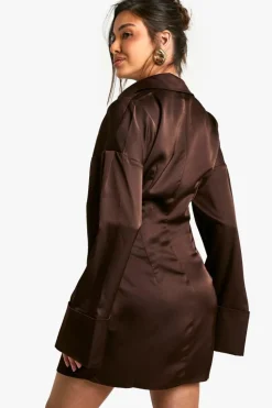 Shirt Dresses|Mini Dresses*boohoo Satin Shirt Flare Sleeve Mini Dress chocolate