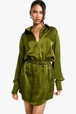 Shirt Dresses|Mini Dresses*boohoo Satin Shirt Mini Dress khaki