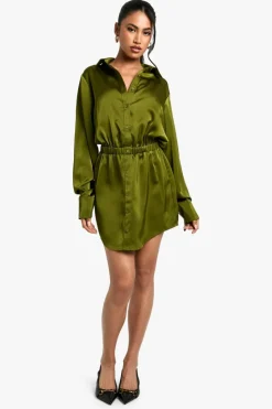 Shirt Dresses|Mini Dresses*boohoo Satin Shirt Mini Dress khaki
